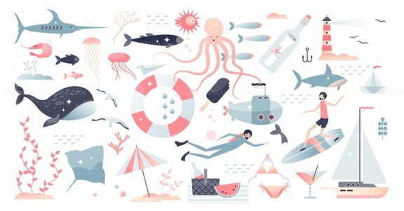 FREE Marine life, underwater wildlife, fauna and beach set tiny person concept
