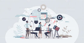 Marketing agency with advertisement and content creation tiny person concept