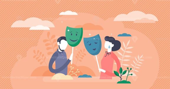 Masking true feelings concept, flat tiny persons couple vector illustration