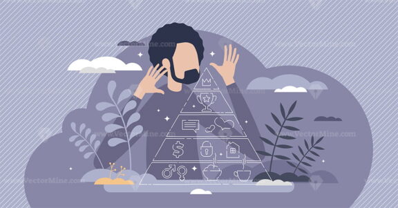 Maslow pyramid with hierarchy system of human needs tiny persons concept