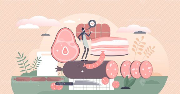 Meat production with animal food products and butcher tiny person concept