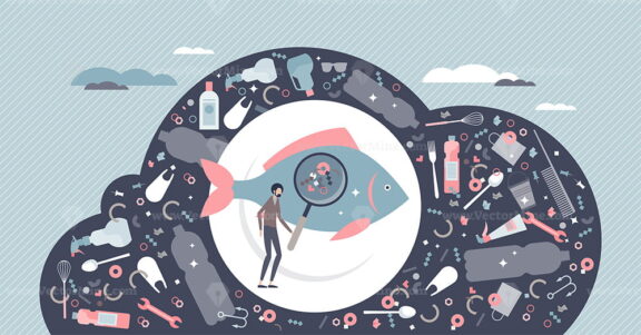Microplastics water pollution with plastic fragments tiny person concept