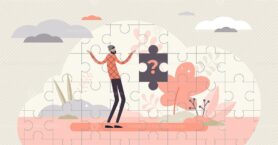 Missing piece concept, flat tiny confused person vector illustration