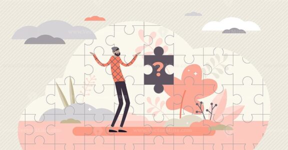 Missing piece concept, flat tiny confused person vector illustration