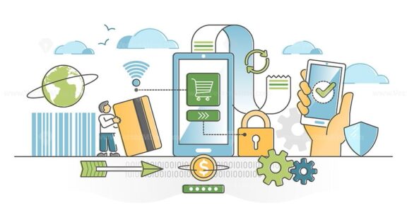 Mobile payments as contectless money purchase with phone outline concept