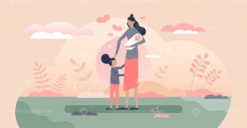 Mon with kids together as happy family with care and love tiny person concept