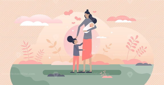 Mon with kids together as happy family with care and love tiny person concept