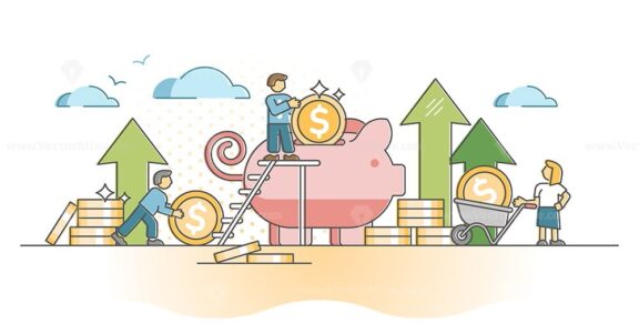 Money savings as financial cash stack deposit in piggy bank outline concept