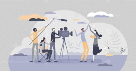 Movie making industry and cinematography filming process tiny person concept