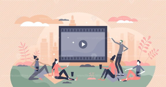 Movies watching outdoors in park or garden with friends tiny person concept