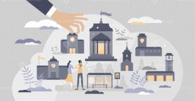 Municipality authority with administrative buildings set tiny person concept