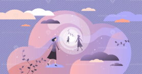 Near death experience concept, flat tiny person vector illustration
