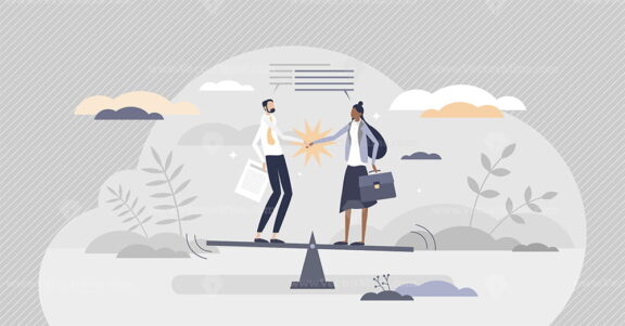 Negotiation about fair and equal business deal details tiny person concept