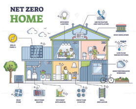 Net zero home, sustainable and efficient residential house outline diagram