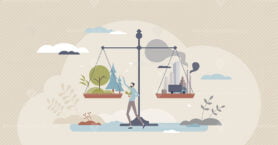 Net zero emissions and carbon dioxide CO2 neutral balance tiny person concept
