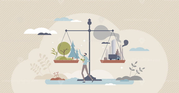Net zero emissions and carbon dioxide CO2 neutral balance tiny person concept