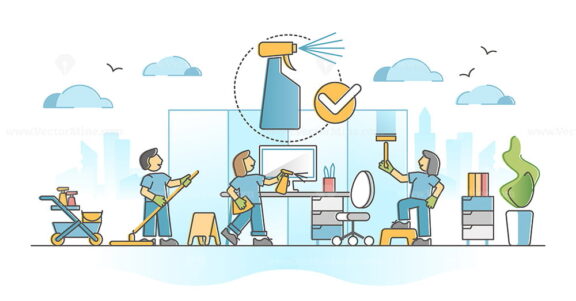 Office cleaning service as janitor workplace sanitize process outline concept