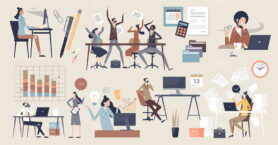 Office furniture and isolated interior elements tiny person collection set