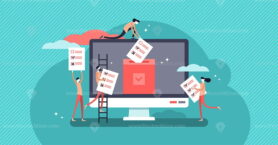 Online voting flat tiny persons concept vector illustration