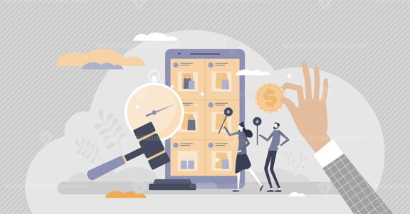 Online auction website as sales bidding and purchase tiny persons concept