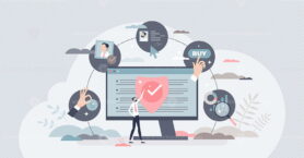 Online investment steps with stock purchase on internet tiny person concept