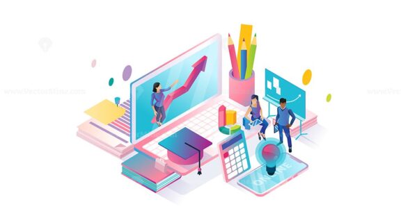 Online courses isometric cyberspace and tiny persons concept illustration