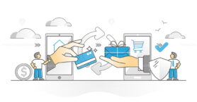 Online payment with credit card for shop purchase monocolor outline concept