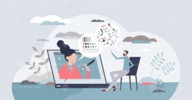 Online psychological help with videocall conversation tiny person concept