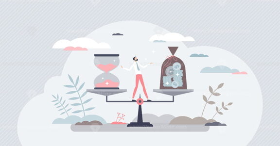 Opportunity cost as financial risk and benefit comparison tiny person concept