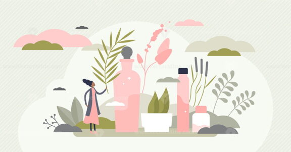 Organic skincare with herbal ecological cosmetics cream tiny person concept