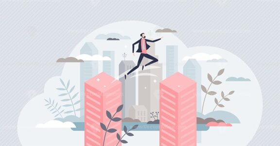 Overcoming obstacles and jump over business buildings tiny person concept