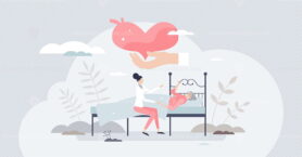 Palliative hospice care as senior medical help or support tiny person concept