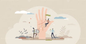 Palm reading as future telling from open hand lines tiny person concept