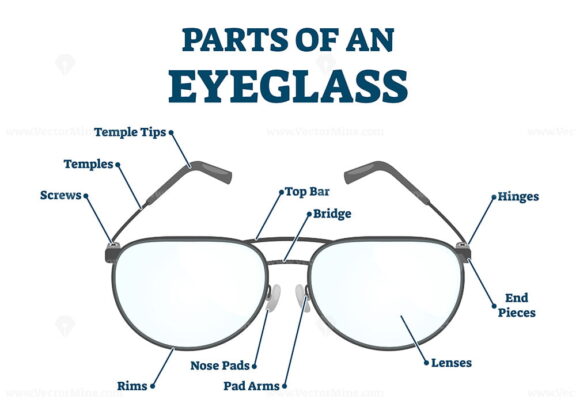 Parts of eyeglass with structural detailed labeled scheme vector illustration
