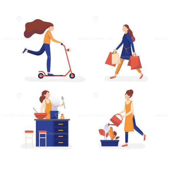 FREE Females enjoying free time activities, flat persons vector illustration collection