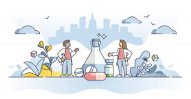 Pharmacology and medical drugs research and pill innovation outline concept