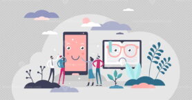 Phone VS book competition, flat tiny persons vector illustration