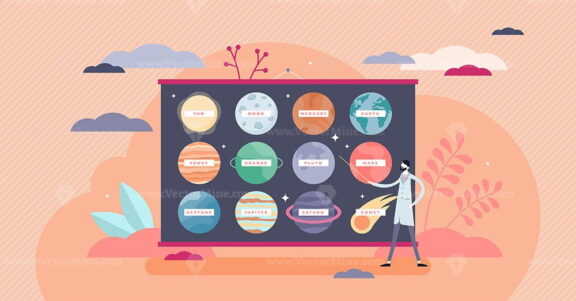 Planets education concept, flat tiny person vector illustration