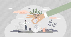 Plant a tree as corporate environmental responsibility tiny person concept