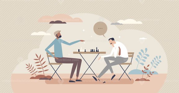 Playing chess and strategy thinking for board game win tiny person concept
