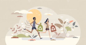 Plogging sport activity with running and trash pickup tiny person concept