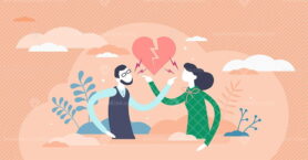 Pointing fingers gesture, flat tiny persons couple vector illustration