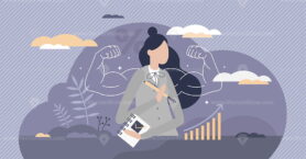 Powerful business female as company leader with strength tiny person concept