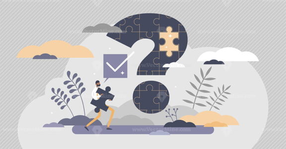 Problem solution and puzzle question and answer scene tiny persons concept