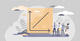 Progress graphic with success and growth rate on axis chart tiny persons concept