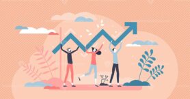 Progress development as success improvement and growth tiny person concept
