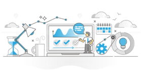FREE Project management analysis as work process control monocolor outline concept