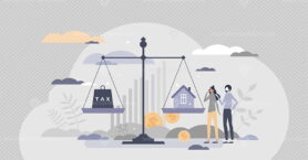 Property tax as heavy government home expenses burden tiny person concept