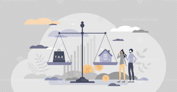 Property tax as heavy government home expenses burden tiny person concept