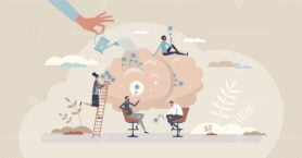 Psychotherapy and psychological support for patient care tiny person concept